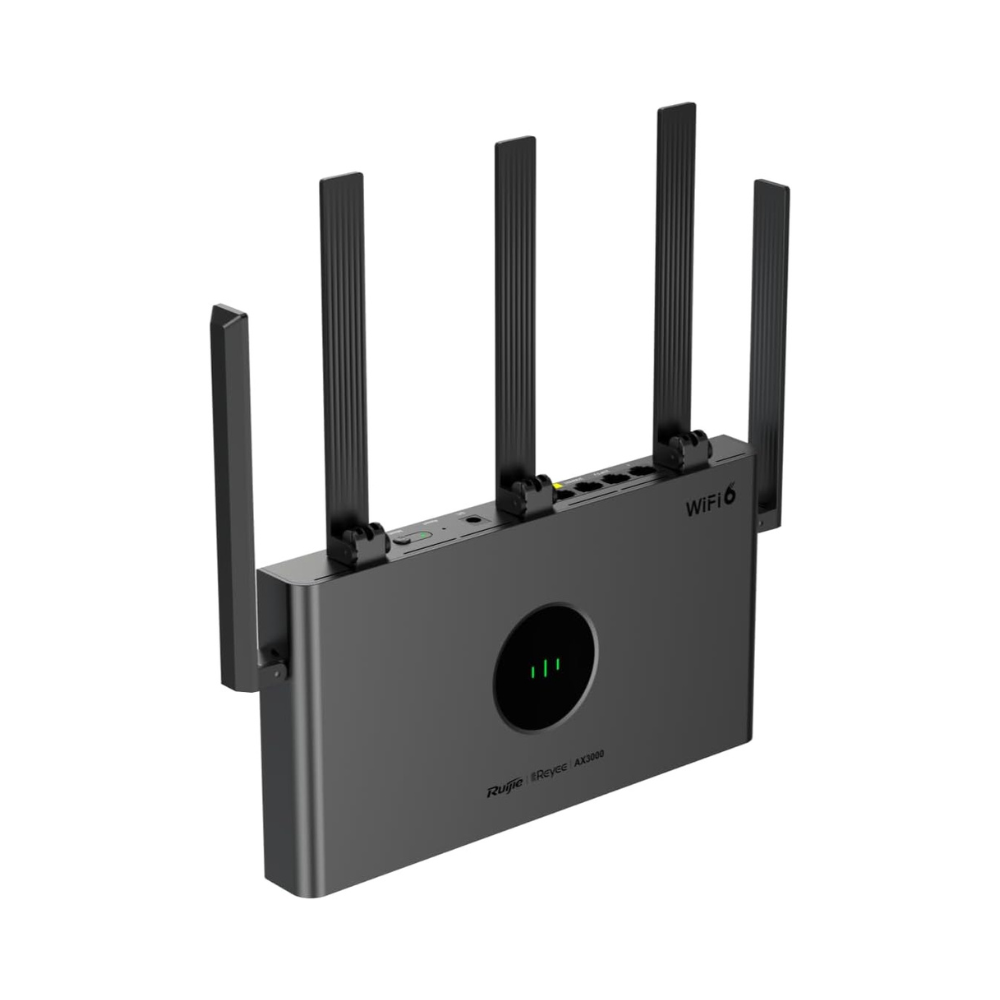 Black wireless router with multiple antennas on a white background