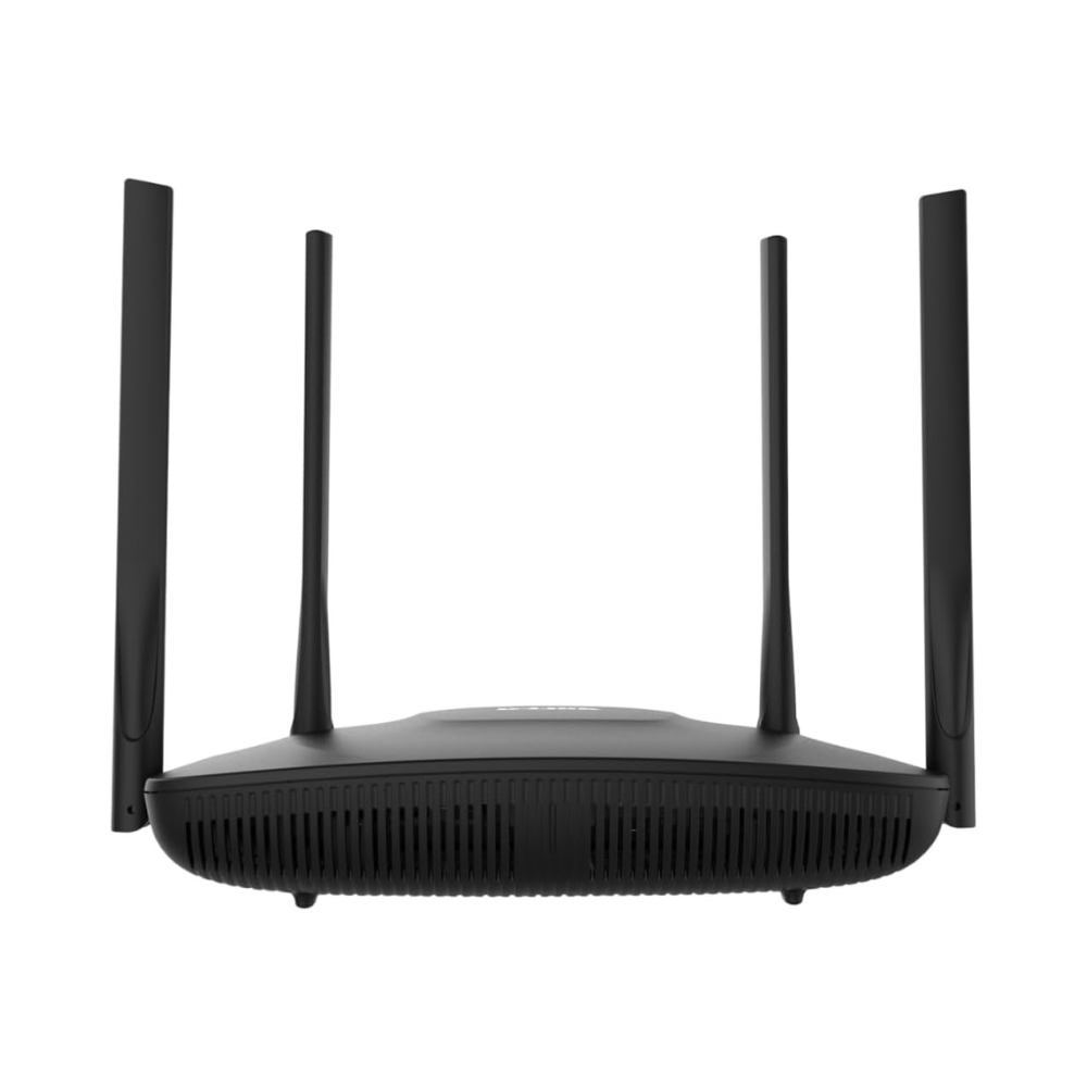 Black router with multiple antennas on a white background