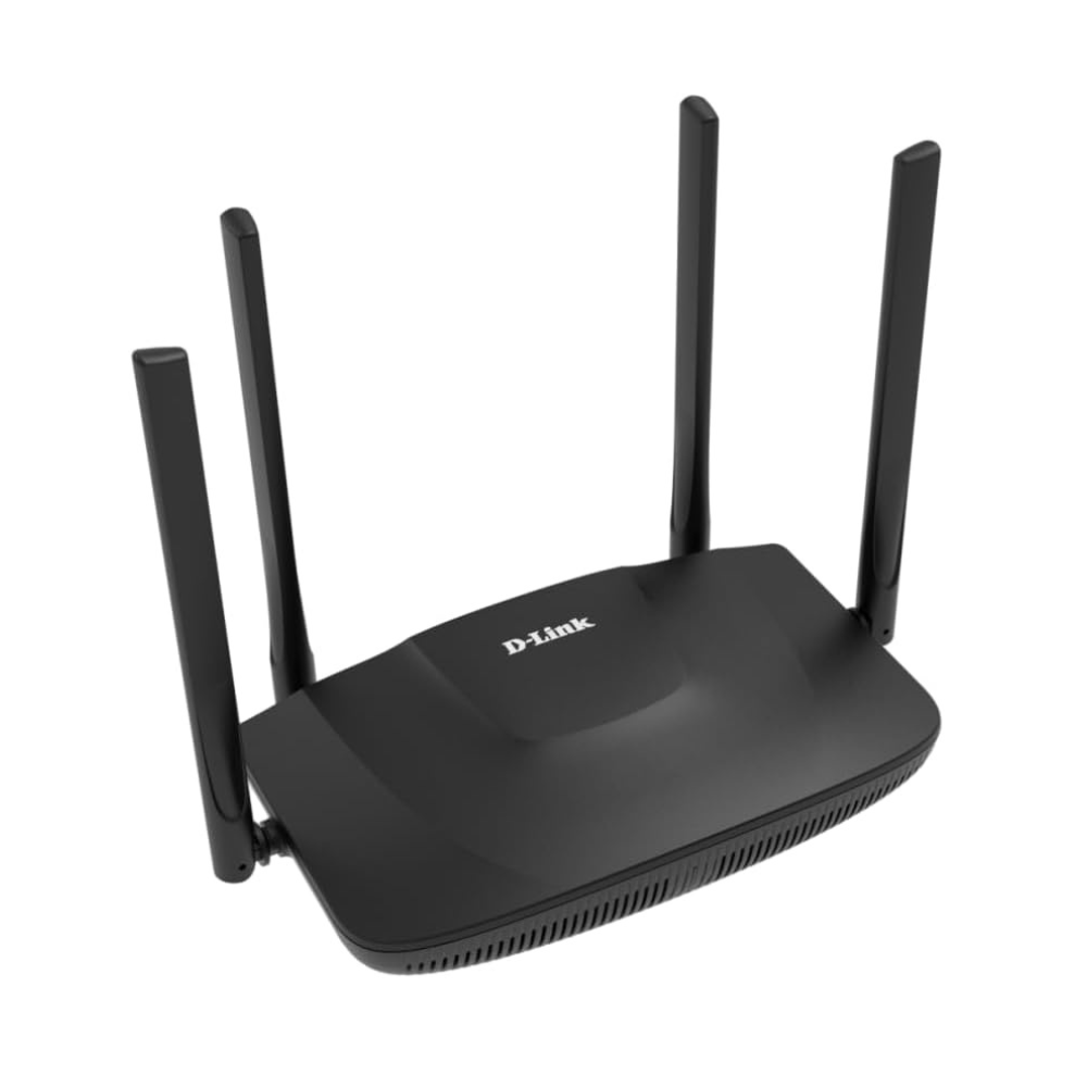 Black D-Link router with four antennas on a white background