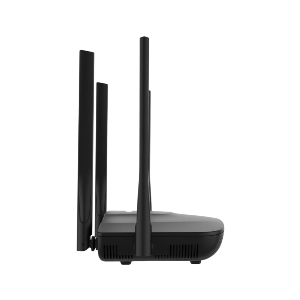 Black wireless router with antennas on a white background