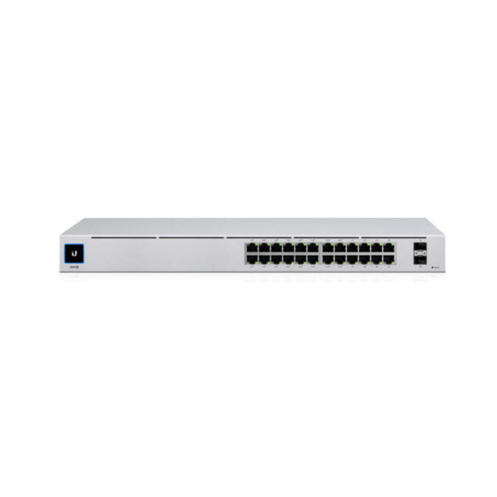 Network switch with multiple ports on a white background
