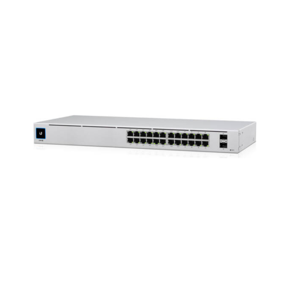 Network switch with multiple ports on a white background