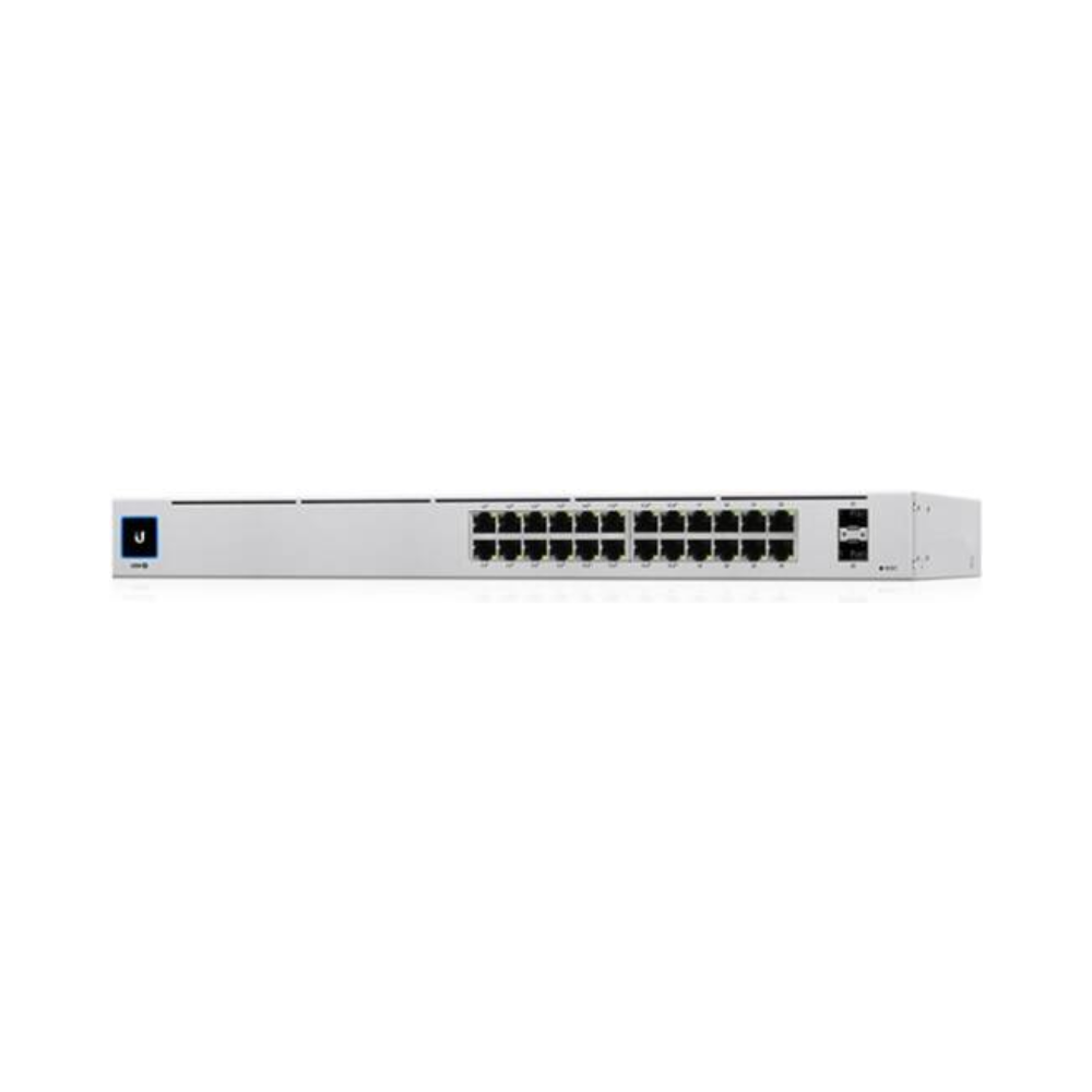 Network switch with multiple ports on a white background