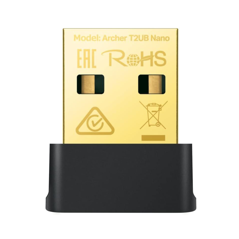 Gold and black USB adapter with 'RoHS' and certification symbols on a white background