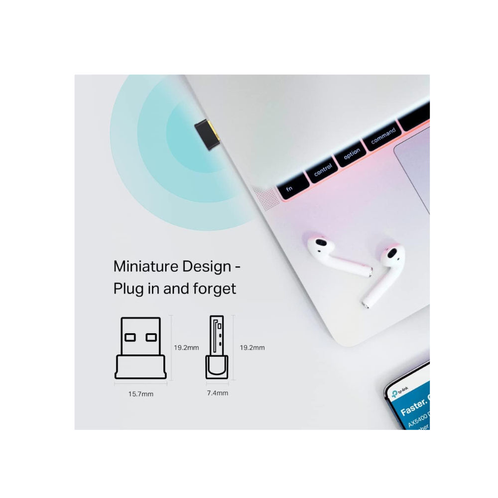 Small device with a smartphone on a light gray background, featuring text about miniature design and plug-and-play functionality.