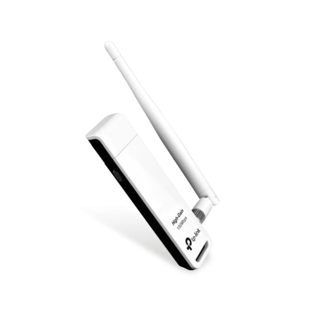 White USB WiFi adapter with a antenna on a white background