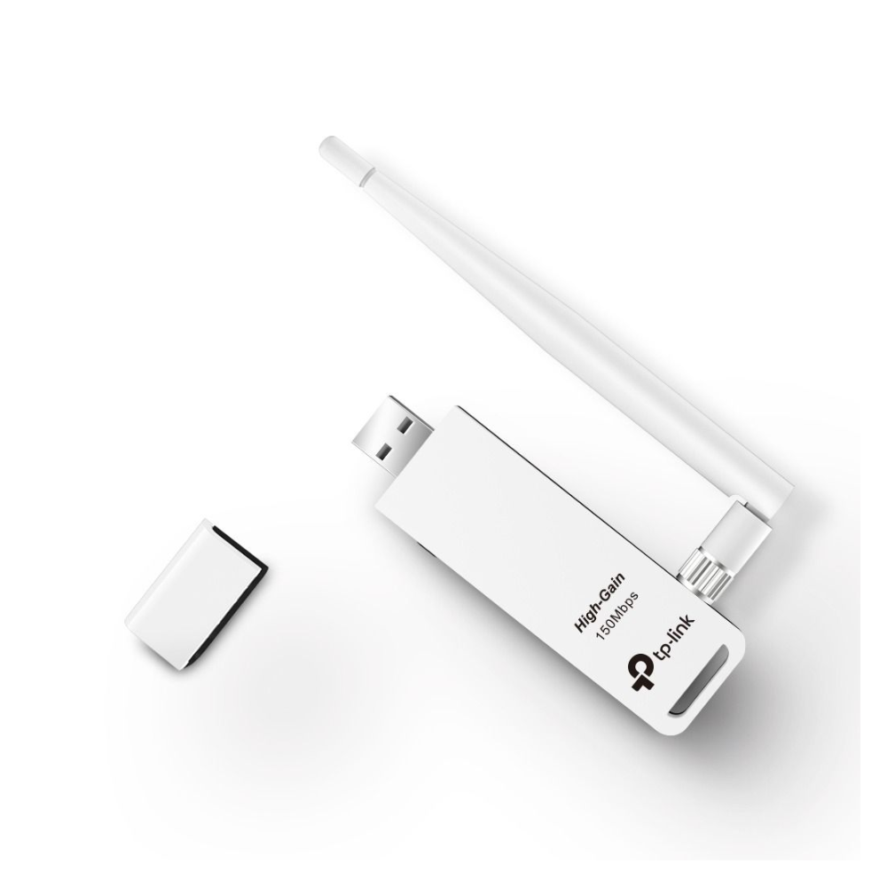 White USB adapter with antenna on a white background