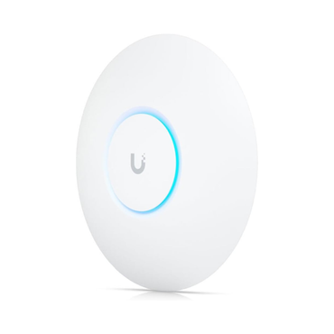 White network device with a blue light on a white background