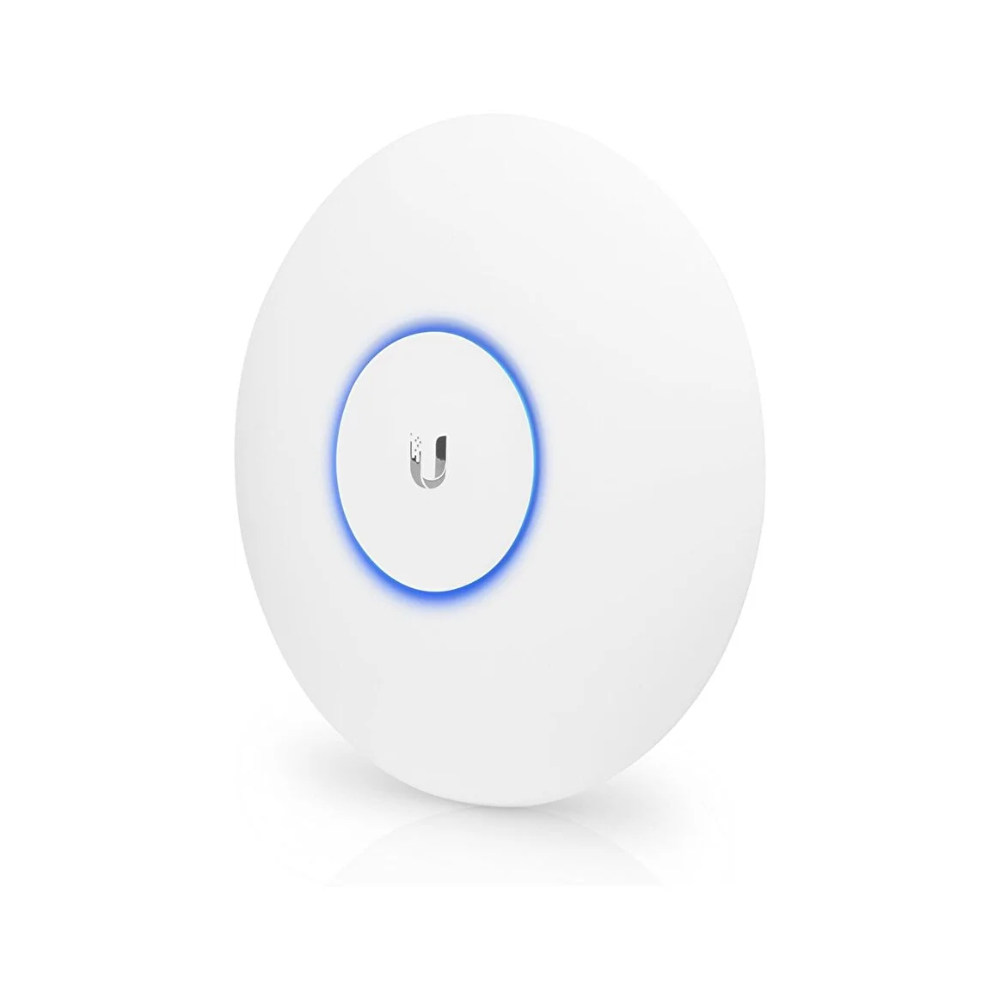 White round device with a blue light on a white background